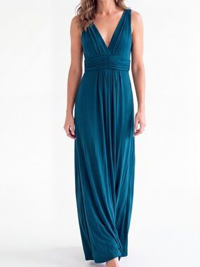 Vintage Y2K TART Teal V-Neck Pleated Maxi Dress Boho Fall wedding Guest
